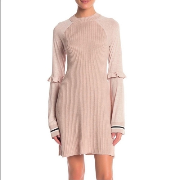 Free People Dresses & Skirts - Free People 'Zou Bisou' Bell Sleeve Ribbed Mini Sweater Dress Size XS Nude Rose